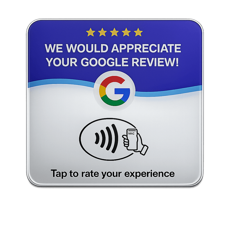 A custom branded NFC review card in navy and white with the Google logo, five stars, QR code, and NFC tap icon